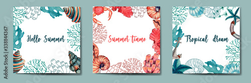 Set of watercolor cards with  sea treasures, print and pattern underwater world, sea star, coral, seaweed, octopus, shells 
