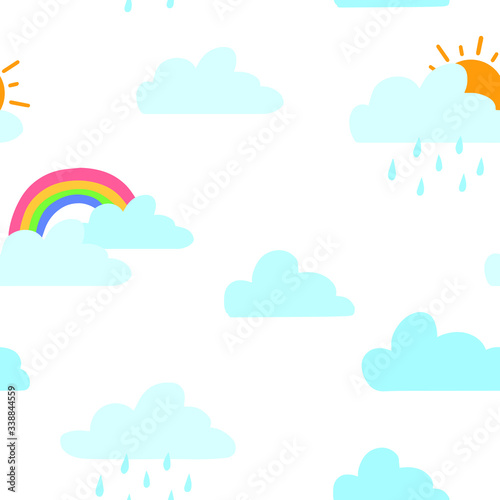 Seamless pattern with rain clouds, the sun and the rainbow. Cute childish background. Flat style. Vector illustration. White background.