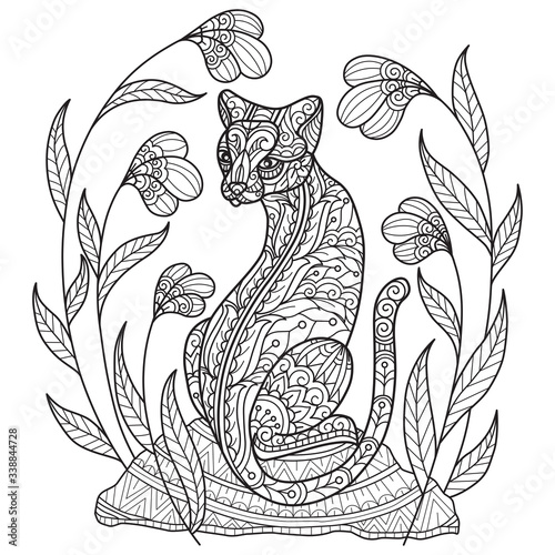 Cat and flowers. Hand drawn sketch illustration for adult coloring book.