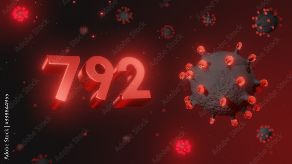 Number 792 in red 3d text on dark corona virus background, 3d render, illustration, virus Number 792 in red 3d text on dark corona virus background, 3d render, illustration, virus
