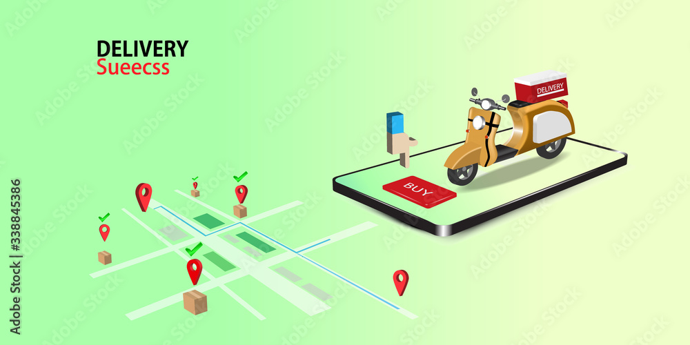 Fototapeta premium Fast delivery package by scooter on mobile phone. Order package by app. Tracking courier by map application. Vector illustration