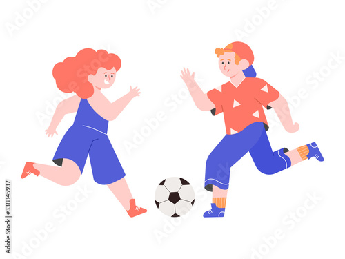 Kids play soccer. A boy and a girl kick each other a ball. Sports, children's games and active entertainment. Vector flat illustration.