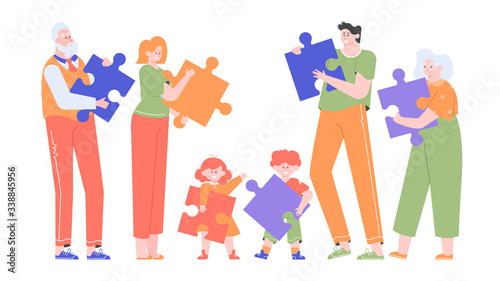 People stand in a row and hold pieces of puzzles in their hands. Grandmother, grandfather, mom, dad and children. Family games. Vector flat illustration.