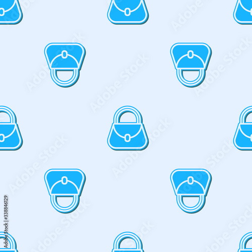 Blue line Handbag icon isolated seamless pattern on grey background. Female handbag sign. Glamour casual baggage symbol.  Vector Illustration
