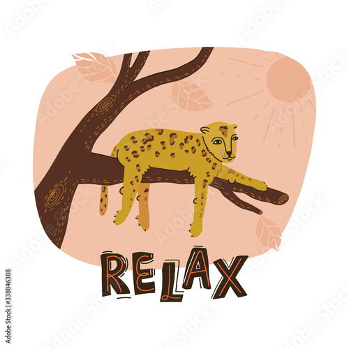 Cute cheetah or leopard chilling on a tree branch in the rays of the setting daylight sun. Relax hand-drawn lettering text. Flat illustration on an isolated background in trendy colors.