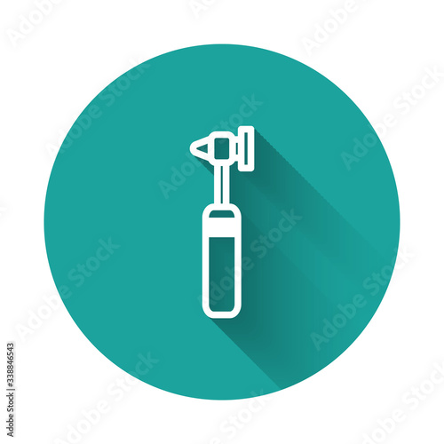 White line Medical otoscope tool icon isolated with long shadow. Medical instrument. Green circle button. Vector Illustration