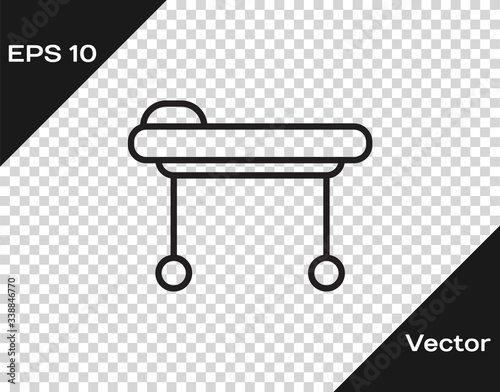 Black line Stretcher icon isolated on transparent background. Patient hospital medical stretcher.  Vector Illustration