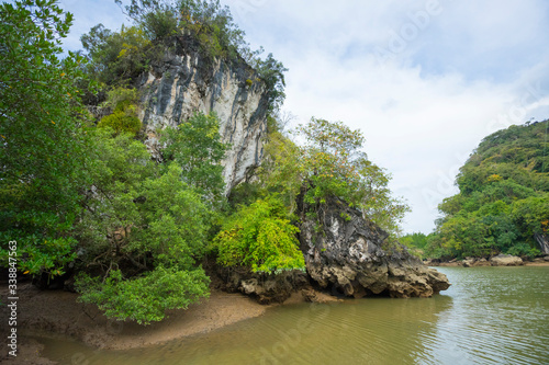 Sea and mountain at the Khao Khanap Nam Cliffs in Krabi  Thailand.