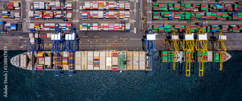 Aerial view container cargo ship in ocean, Business industry commerce global import export logistic transportation oversea worldwide, Sea shipping company vessel. photo