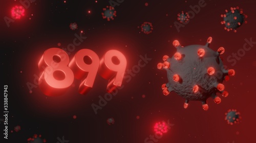 Number 899 in red 3d text on dark corona virus background  3d render  illustration  virus