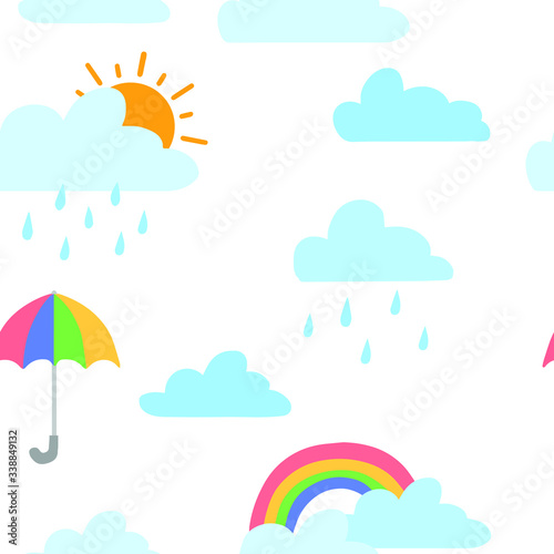 Seamless pattern with rain clouds, the sun, the rainbow, and a colorful umbrella. Cute childish background. Flat style. Vector illustration. White background.