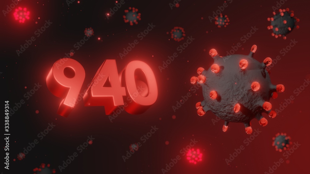 Number 940 in red 3d text on dark corona virus background, 3d render, illustration, virus Number 940 in red 3d text on dark corona virus background, 3d render, illustration, virus
