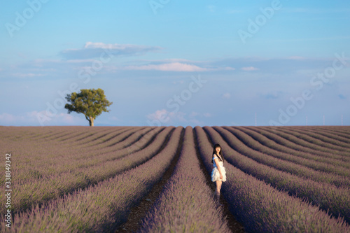 Young Chinese woman in white traditional dress, walking in lavender field. Plateau de Valensole, Alpes-de-Haute-Provence, Provence-Alpes-Côte d'Azur, France, Europe