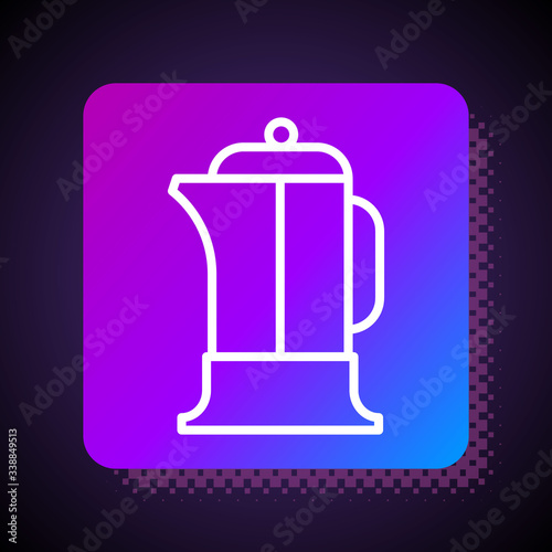 White line French press icon isolated on black background. Square color button. Vector Illustration