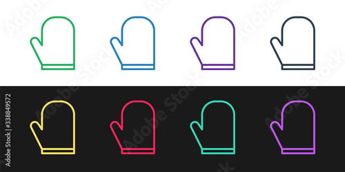 Set line Oven glove icon isolated on black and white background. Kitchen potholder sign. Cooking glove.  Vector Illustration