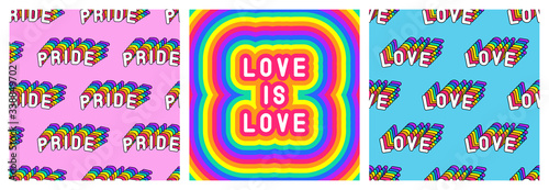 Set of LGBT pride month poster and 2 seamless patterns with rainbow-colored patches “Love“ and "Pride". Vector illustrations.