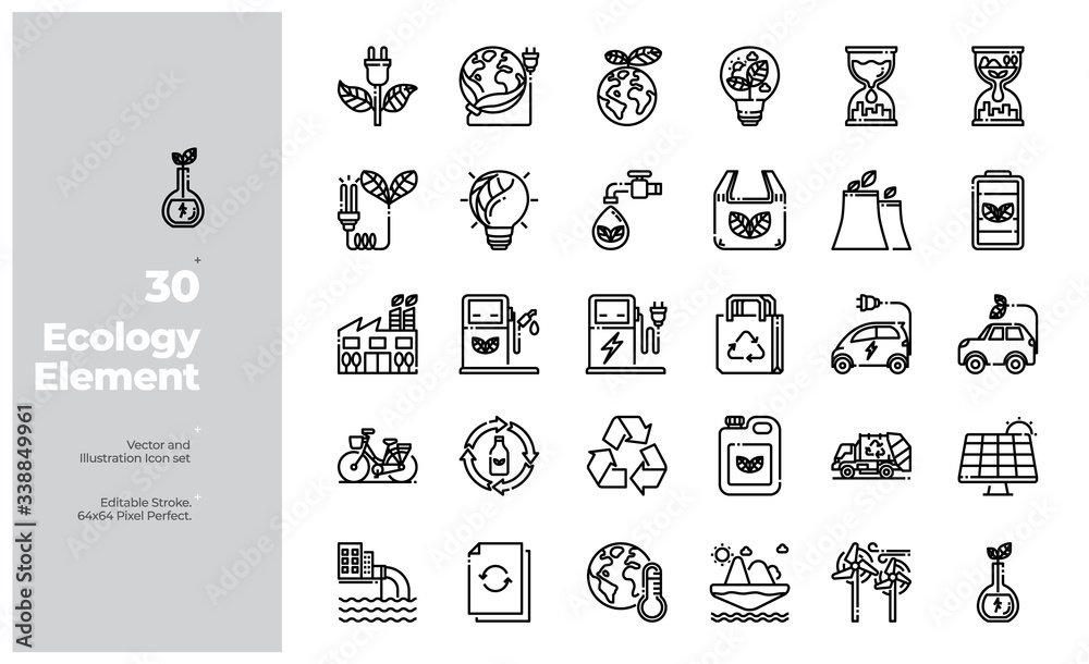 Vector Line Icons Set of Green Energy and Ecology Icon. Editable Stroke. Design for Website, Mobile App and Printable Material. Easy to Edit & Customize.