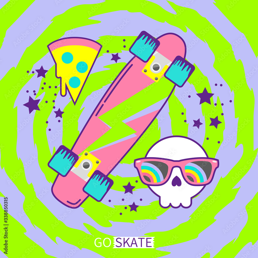 Retro 90s cruiser skateboard with skull and pizza icon on neon color background