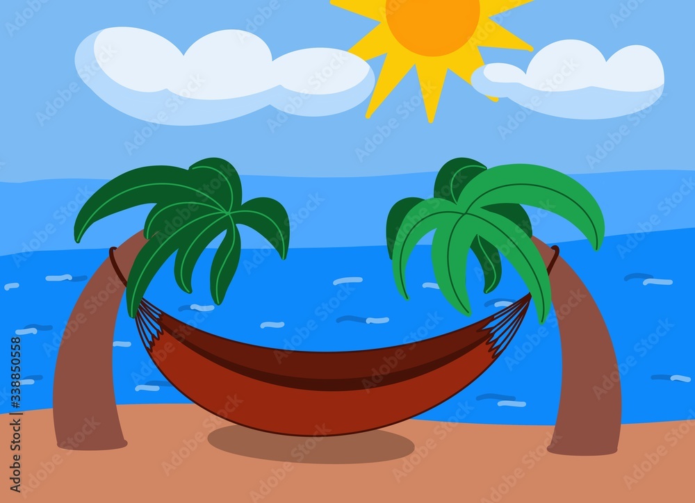 Obraz premium hammock for relaxing under the sun and two palm trees near the sea
