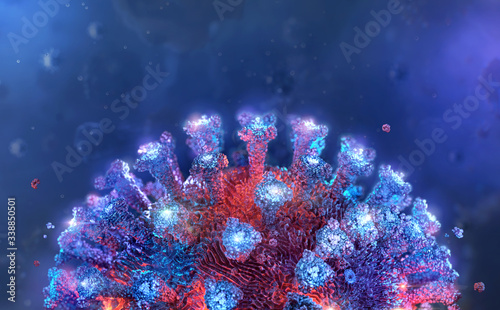 Coronavirus covid-19 influenza virus cell 3D illustration background. Novel corona virus 2019-ncov dangerous flu strain cell under the microscope, close up image. Coronavirus disease outbreak pandemic photo