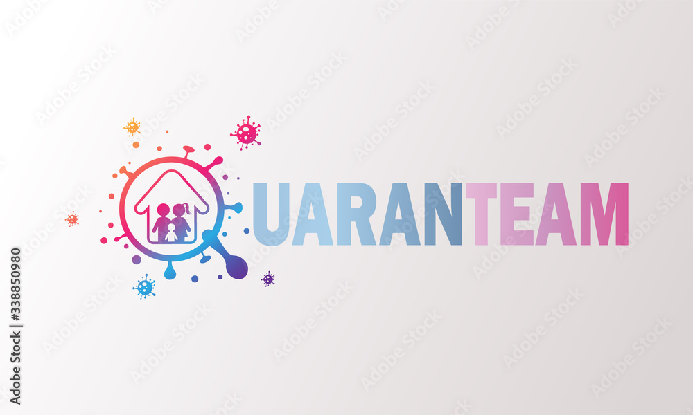 Quaranteam social logo and text to stay at home. Coronavirus quarantine, virus in quarantine to prevent infection. Text with logo
