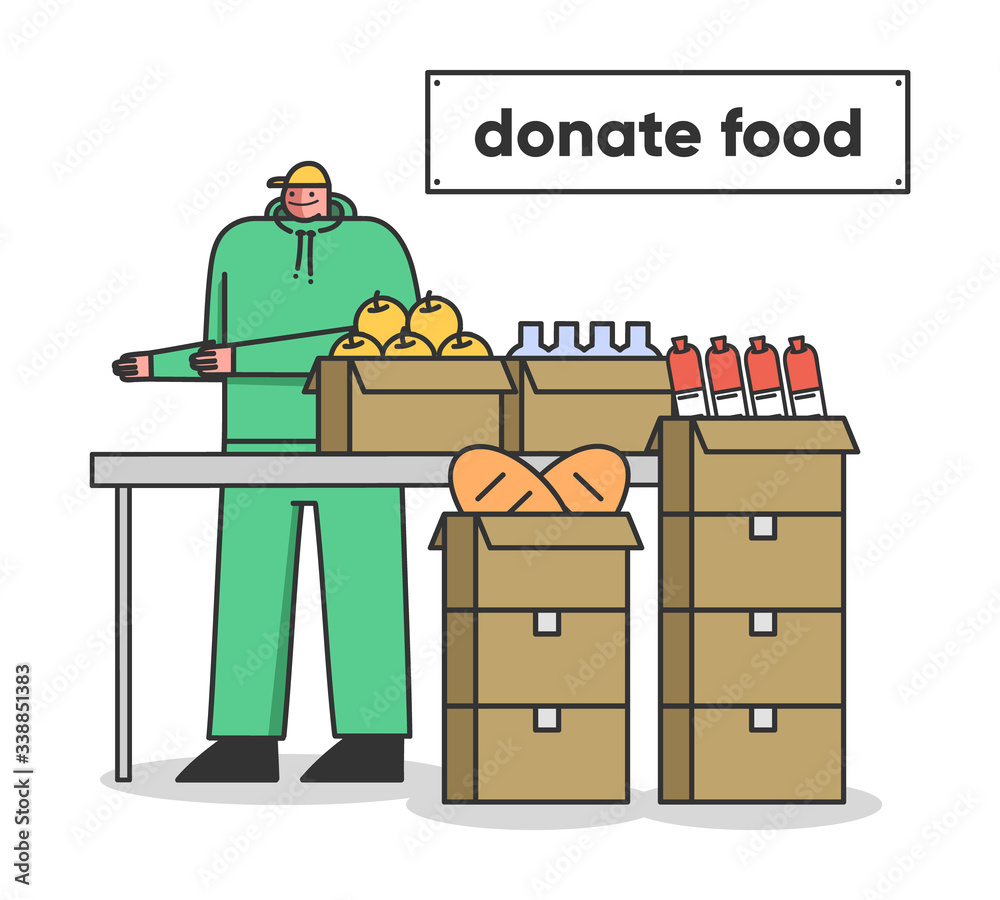 Charitable organization And Food Donation Concept. Volunteer Male Character Shelter Worker Is Waiting For Donations Of Food To Help Poor People. Cartoon Linear Outline Flat Style. Vector Illustration Charitable organization And Food Donation Concept. Volunteer Male Character Shelter Worker Is Waiting For Donations Of Food To Help Poor People. Cartoon Linear Outline Flat Style. Vector Illustration