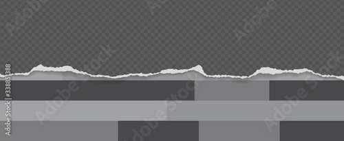 Piece of torn squared horizontal paper with soft shadow stuck on black oblong geometric background. Vector illustration