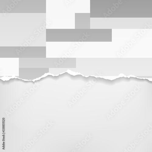 Piece of torn grey paper with oblong geometric pattern and soft shadow stuck on white background. Vector illustration
