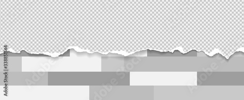 Piece of torn white squared horizontal paper with soft shadow stuck on grey oblong geometric background. Vector illustration