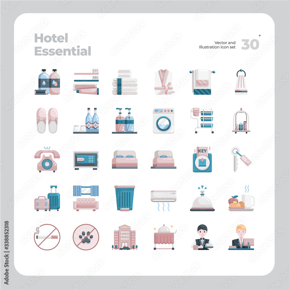 Vector Flat Icons Set of Hotel Essential Icon. Design for Website, Mobile App and Printable Material. Easy to Edit & Customize.