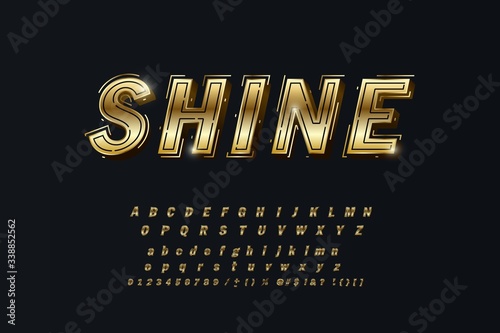 Vector set of elite gold alphabet letters, numbers and punctuation symbols. Condense style