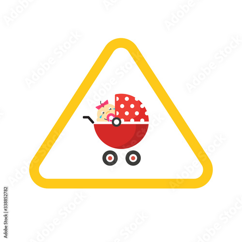 Baby on board caution car road sign sticker or child in buggy pram vehicle safety caution text vector flat cartoon illustration, yellow color triangle label modern design icon isolated image