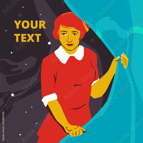 A woman in a Soviet style poster vintage style. Vector propaganda poster. Vector template.