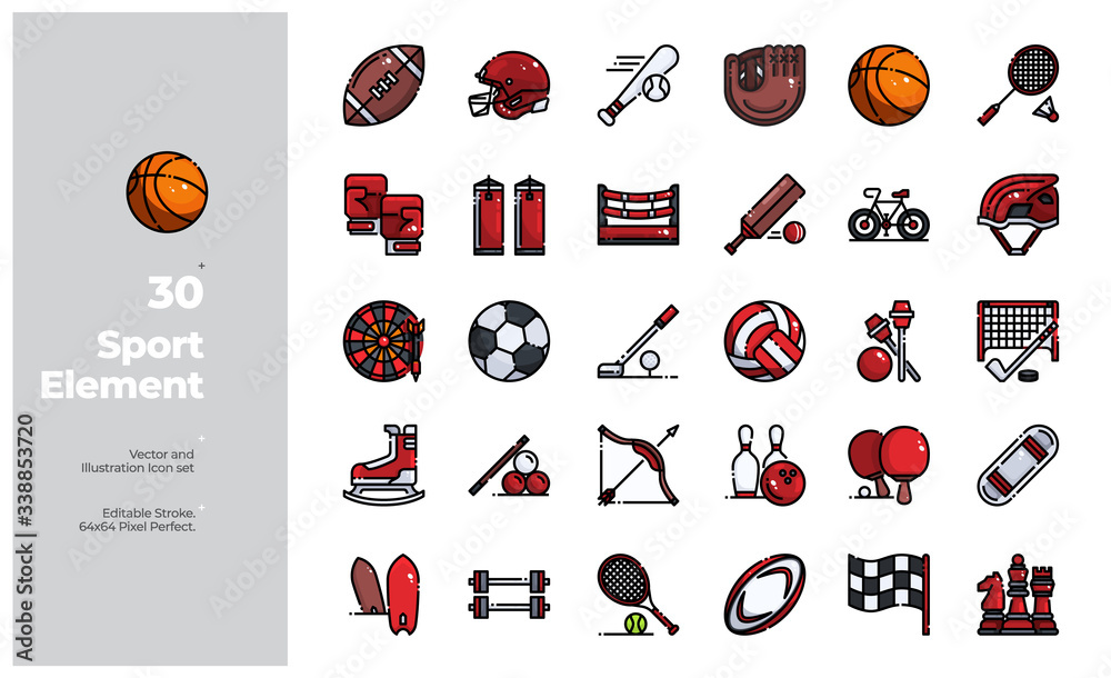 Vector Color Line Icons Set of Sport Element Icon. Editable Stroke. Design for Website, Mobile App and Printable Material. Easy to Edit & Customize.