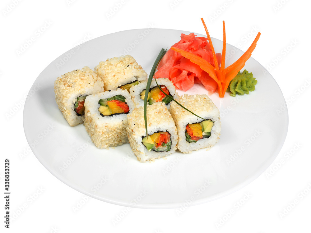Sushi rolls with vegetables, sesame and nori. With pickled ginger and wasabi on white round plate