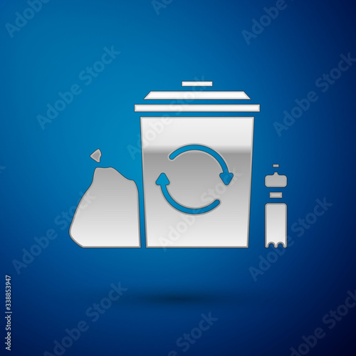 Silver Recycle bin with recycle symbol icon isolated on blue background. Trash can icon. Garbage bin sign. Recycle basket. Vector Illustration