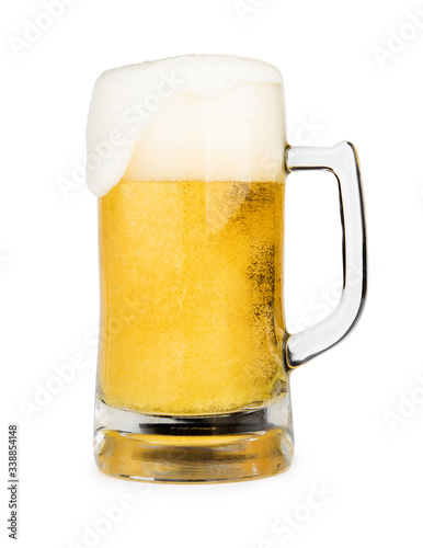 Mug of beer with froth foam on glass isolated on white background with clipping path object design