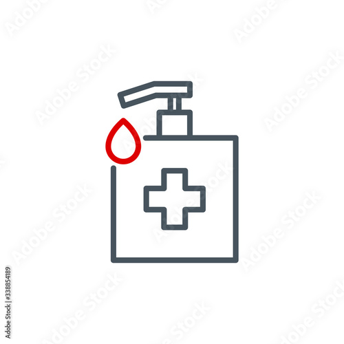 sanitizer dispenser with antiseptic drop gel single line icon isolated on white. Perfect outline antibacterial bottle symbol Coronavirus Covid 19 pandemic banner. Quality element with editable Stroke