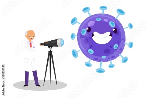 Coronavirus and doctor vektor illustration. scientist in medical clothes exploring enlarged flu virus. Kovid-19 has ball shape with protrusions. Microparticle examined with powerful microscope.