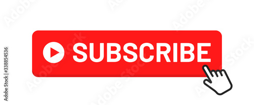 Subscribe button for social media. Subscribe to video channel, blog and newsletter. Red button with hand cursor for subscription. Vector