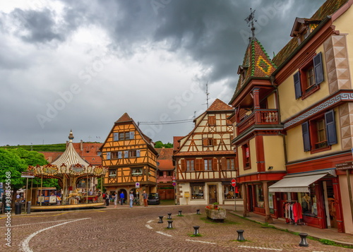 Street and traditional houses in Obernai by day, Alsace, France