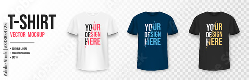 T-shirt mockup in black, white and blue colors. Mockup of realistic t shirt with short sleeves. Set of blank and basic t-shirts with empty space for design. Vector