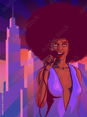 Afro hair style woman sings. Bubble speech. City scape on the background. Jazz and soul music theme. Comics style vector image