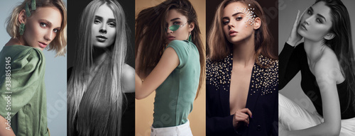 The concept fashion beauty female .Collage of young women  in casual clothes and glasses wearing, with make up and accessories. Close up. studio shot