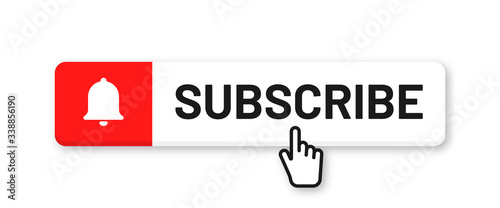 Subscribe button for social media. Subscribe to video channel, blog and newsletter. Red button with hand cursor and bell for subscription. Vector photo