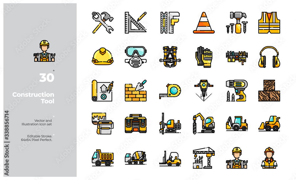 Vector Color Line Icons Set of Construction and Building Icon. Editable Stroke. Design for Website, Mobile App and Printable Material. Easy to Edit & Customize.