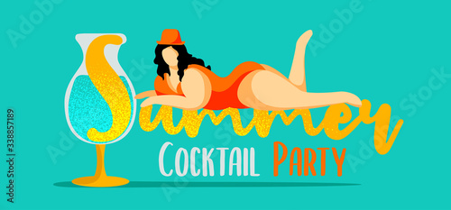 Plus size fat girl in swimwear on sea wave color background. Summer cocktail party poster, banner, flyer, invitation card. Attractive overweight woman drink alcohol cocktail. Vector illustration