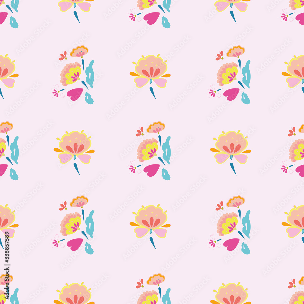 Vector geometric folk art spring pattern on pink background. Happy mothers day design. Event and holidays. Surface pattern design.