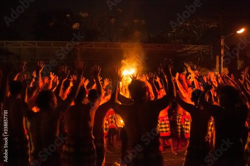 Artists perform famous traditional Kecak dance in Ubud, Indonesia. High level of noise