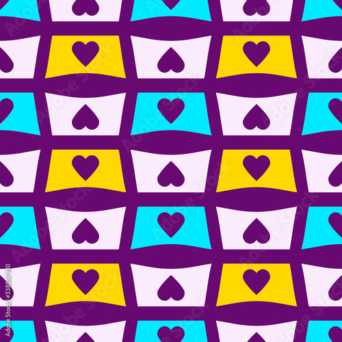 Seamless pattern with bright geometric shapes with hearts.
